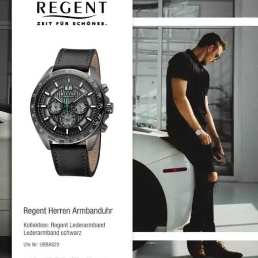 Regent Herren Armbanduhr Analog Lederarmband schwarz grün URBA829