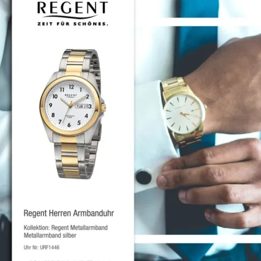 Regent Herren Armbanduhr Analog Metallarmband silber gold URF1446