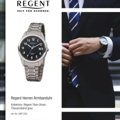 Regent Herren Armbanduhr Analog Titanarmband grau silber URF1293