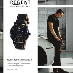 Regent Herren Armbanduhr Analog Lederarmband schwarz orange UR1111574