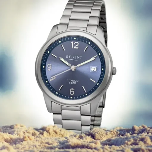 Regent Herren Armbanduhr Analog F-1173 Quarz-Uhr Titan silber URF1173