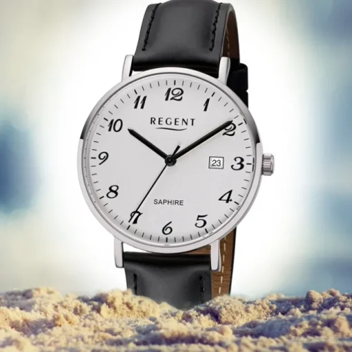 Regent Herren Armbanduhr Analog F-1229 Quarz-Uhr Leder schwarz URF1229