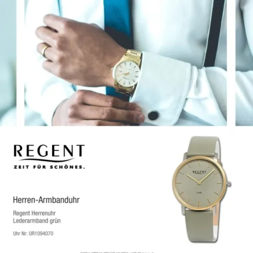 Regent Herren Armbanduhr Analog Lederarmband grün grau UR1094070