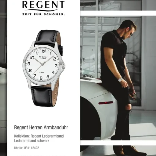 Regent Herren Armbanduhr Analog 1112422 Quarz-Uhr Leder schwarz UR1112422