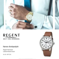 Regent Herren Armbanduhr Analog Lederarmband braun hellbraun URF1254