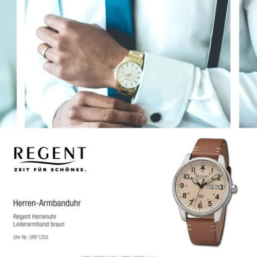 Regent Herren Armbanduhr Analog Lederarmband braun hellbraun URF1255