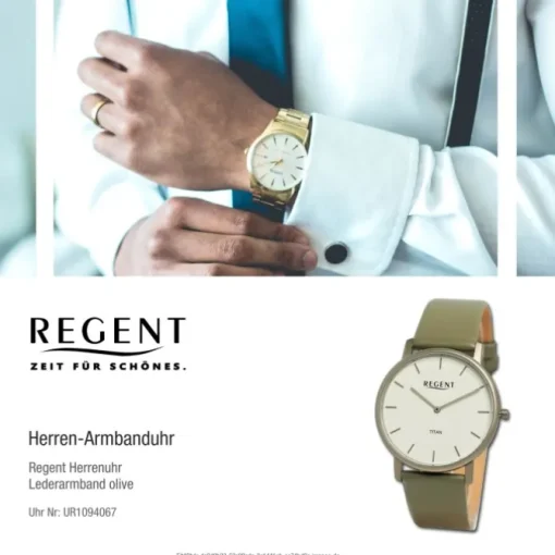 Regent Herren Armbanduhr Analog Lederarmband olive grün UR1094067