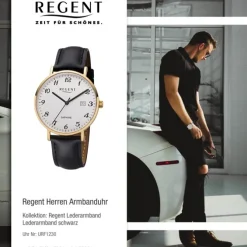Regent Herren Armbanduhr Analog F-1230 Quarz-Uhr Leder schwarz URF1230