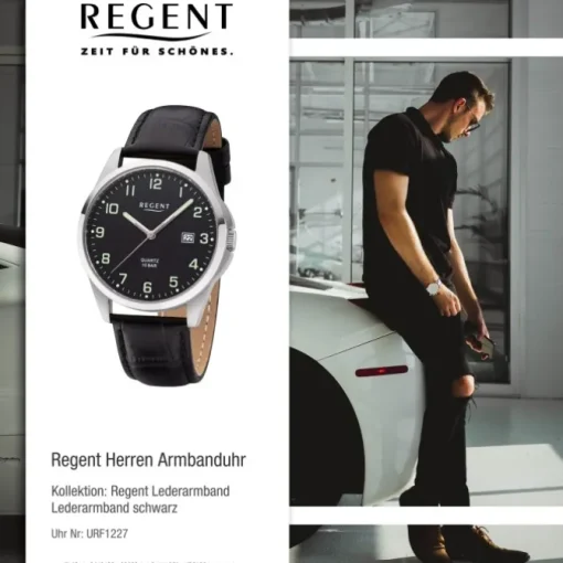 Regent Herren Armbanduhr Analog F-1227 Quarz-Uhr Leder schwarz URF1227