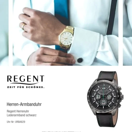 Regent Herren Armbanduhr Analog Lederarmband schwarz grün URBA829