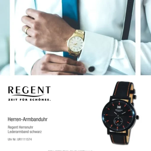 Regent Herren Armbanduhr Analog Lederarmband schwarz orange UR1111574