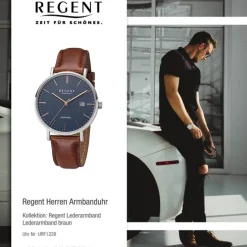 Regent Herren Armbanduhr Analog F-1228 Quarz-Uhr Leder braun URF1228