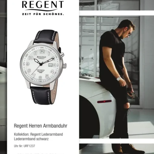 Regent Herren Armbanduhr Analog F-1237 Quarz-Uhr Leder schwarz URF1237