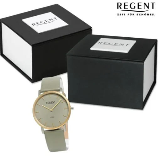 Regent Herren Armbanduhr Analog Lederarmband grün grau UR1094070