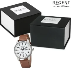 Regent Herren Armbanduhr Analog Lederarmband braun hellbraun URF1254