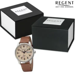Regent Herren Armbanduhr Analog Lederarmband braun hellbraun URF1255
