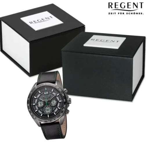 Regent Herren Armbanduhr Analog Lederarmband schwarz grün URBA829