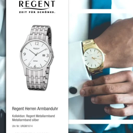 Regent Herren Armbanduhr Analog GM-1614 Quarz-Uhr Metall silber URGM1614