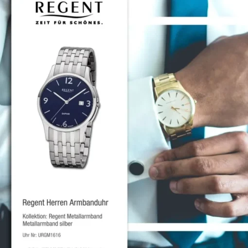 Regent Herren Armbanduhr Analog GM-1616 Quarz-Uhr Metall silber URGM1616