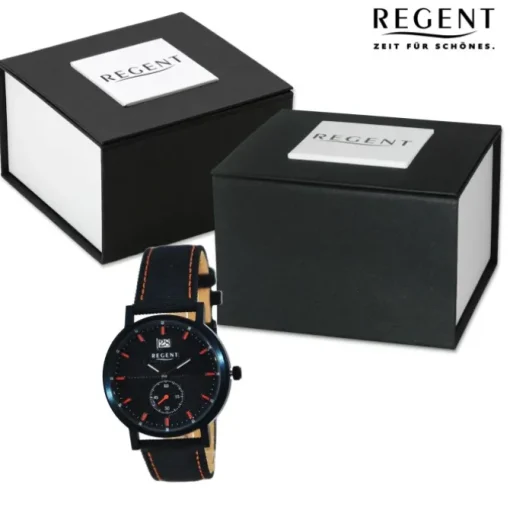 Regent Herren Armbanduhr Analog Lederarmband schwarz orange UR1111574