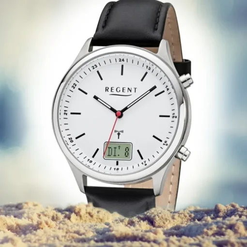 Regent Herren Funkuhr Analog-Digital BA-449 Funk-Uhr Leder schwarz URBA449
