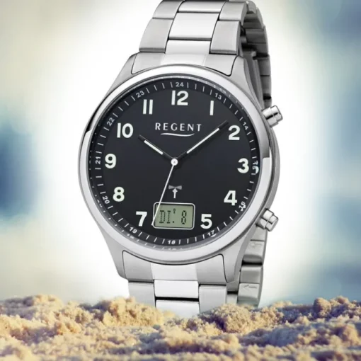 Regent Herren Funkuhr Analog-Digital FR-276 Funk-Uhr Metall silber URBA445