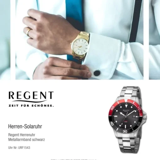 Regent Herren Solaruhr Analog Metallarmband schwarz rot URF1543