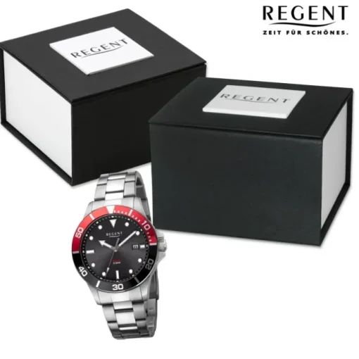 Regent Herren Solaruhr Analog Metallarmband schwarz rot URF1543