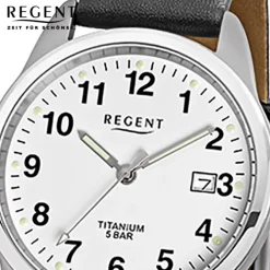 Regent Herren Titan Armbanduhr Quarzwerk Lederarmband schwarz URF685