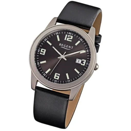 Regent Herren-Armbanduhr - Titan-Uhren - Quarz Leder schwarz URF845