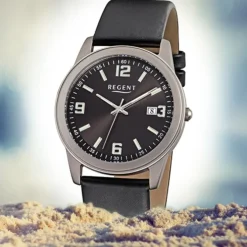 Regent Herren-Armbanduhr - Titan-Uhren - Quarz Leder schwarz URF845