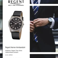 Regent Herren-Armbanduhr - Titan-Uhren - Quarz Leder schwarz URF845