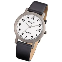 Regent Herren-Armbanduhr F-690 Titan-Uhr Leder-Armband schwarz URF690