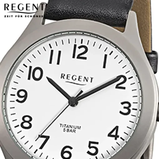 Regent Herren-Armbanduhr F-842 Titan-Uhr Leder-Armband schwarz URF842