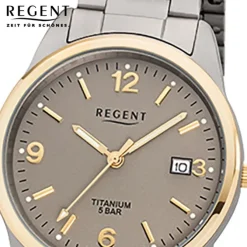 Regent Herren-Armbanduhr 32-F-1107 Quarz-Uhr Titan-Armband silber grau gold URF1 URF1107