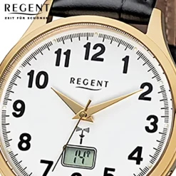 Regent Herren-Armbanduhr FR-229 Funkuhr Leder-Armband schwarz URFR229