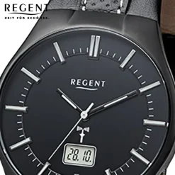 Regent Herren-Armbanduhr 32-FR-216 Funkuhr Leder-Armband schwarz URFR216