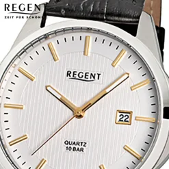 Regent Herren-Armbanduhr F-915 Quarz-Uhr Leder-Armband schwarz URF915