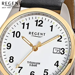 Regent Herren-Armbanduhr F-687 Titan-Uhr Leder-Armband schwarz URF687