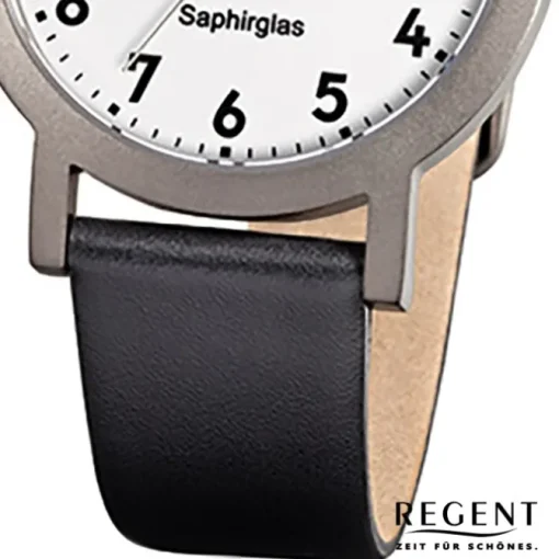 Regent Herren-Armbanduhr F-690 Titan-Uhr Leder-Armband schwarz URF690