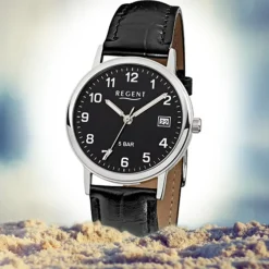 Regent Herren-Armbanduhr F-792 Quarz-Uhr Leder-Armband schwarz URF792