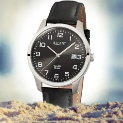 Regent Herren-Armbanduhr F-932 Titan Quarz-Uhr Leder-Armband schwarz URF932