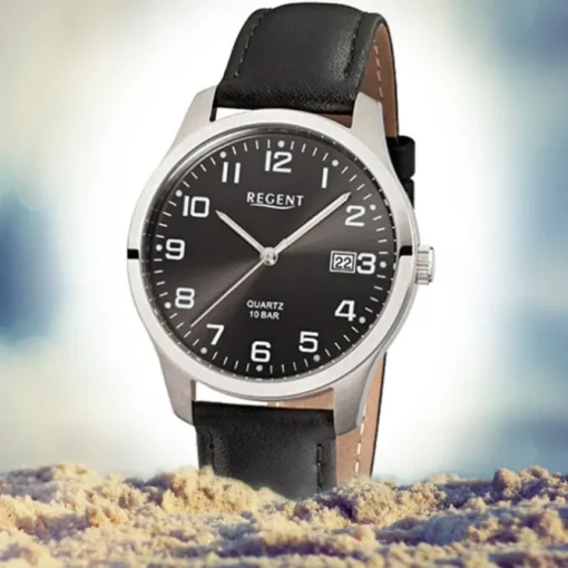 Regent Herren-Armbanduhr F-932 Titan Quarz-Uhr Leder-Armband schwarz URF932