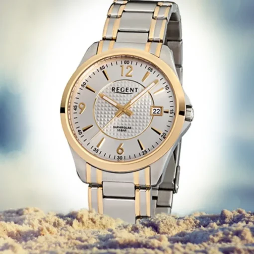 Regent Herren-Armbanduhr F-920 Quarz-Uhr Stahl-Armband silber gold URF920