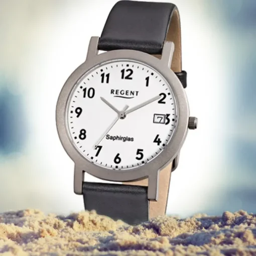 Regent Herren-Armbanduhr F-690 Titan-Uhr Leder-Armband schwarz URF690
