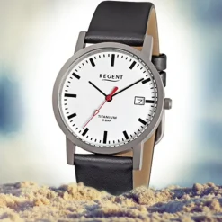 Regent Herren-Armbanduhr F-231 Titan-Uhr Leder-Armband schwarz URF231