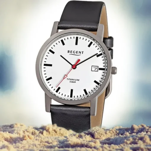 Regent Herren-Armbanduhr F-231 Titan-Uhr Leder-Armband schwarz URF231