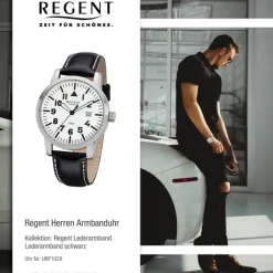 Regent Herren-Armbanduhr 32-F-1029 Quarz-Uhr Leder-Armband schwarz URF1029