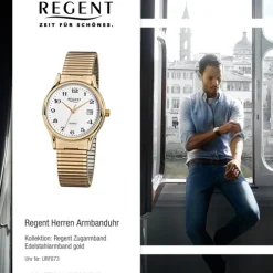 Regent Herren-Armbanduhr F-873 Quarz-Uhr Stahl-Armband gold URF873