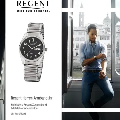 Regent Herren-Armbanduhr F-291 Quarz-Uhr Stahl-Armband silber URF291